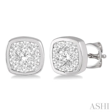 1/3 Ctw Cushion Shape Round Cut Diamond Lovebright Bezel Stud Earring in 14K White Gold